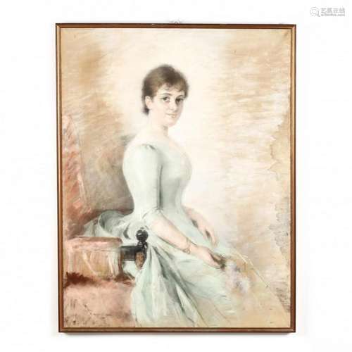 A Large Antique Pastel Portrait of a Young Woman