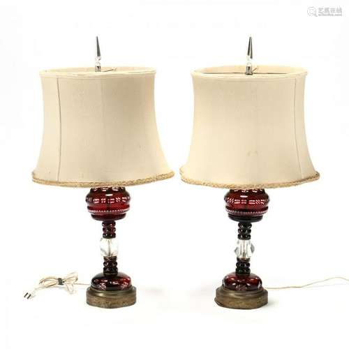 Pair of Vintage Ruby Cut-to-Clear Table Lamps