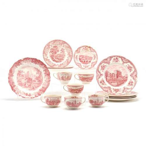 (16) Pieces of Vintage Red Transferware Porcelain