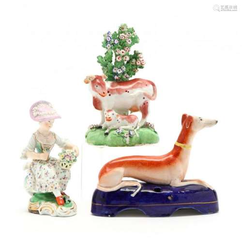 Three Antique Porcelains, Two Staffordshire Figurines,