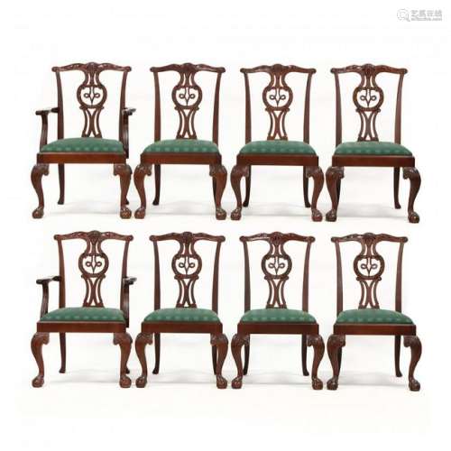 Baker, Set of Eight Chippendale Style Carved Mahogany
