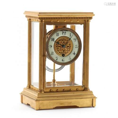 American Brass Mantel Clock With Four Beveled Glass