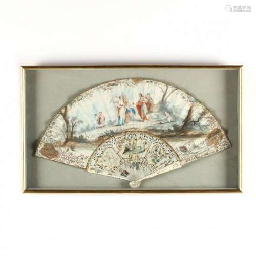 Antique Lady's Painted Fan in Shadowbox Frame