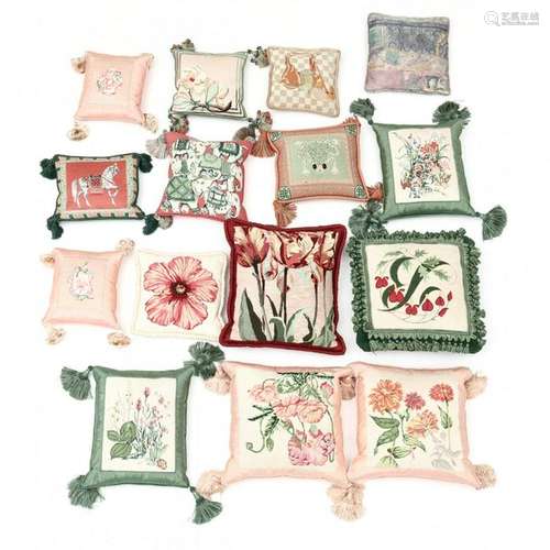 (14) Assorted Needlepoint and Silk Pillows