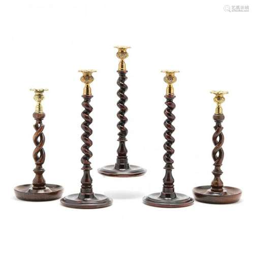 Five Barley Twist Carved Wood Candlesticks