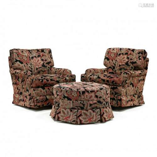 Pair of Paisley Upholstered Club Chairs and Ottoman