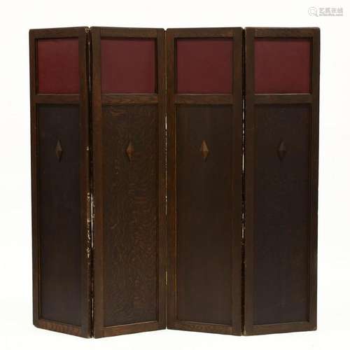 Arts and Crafts Vintage Oak Four Panel Floor Screen