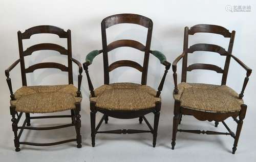 Three Rush Seat Arm Chairs