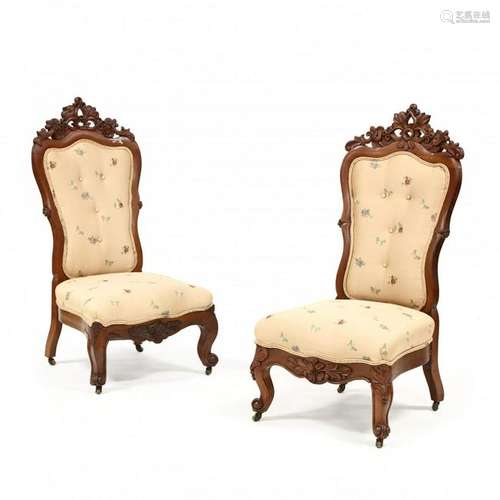 Pair of Rococo Revival Carved Walnut Slipper Chairs