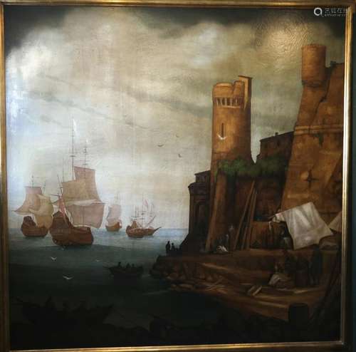 19th C. Painting: Castle by Sea - Oil on Canvas