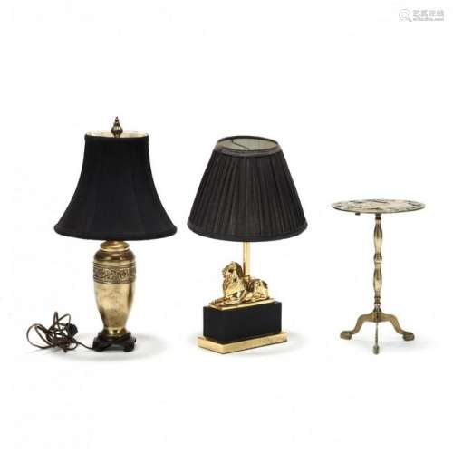 Two Small Brass Lamps and Trivet