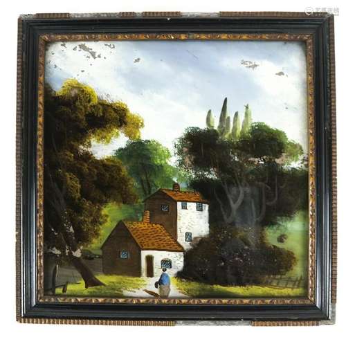 Reverse Painting on Glass, Figural Landscape