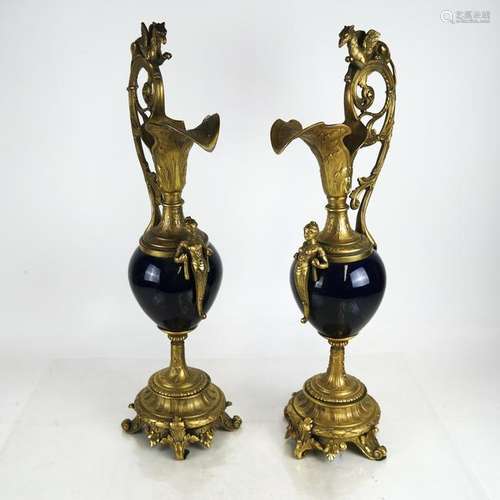 Pair of Cobalt Ewers, Urn-Form, Dore Mounted