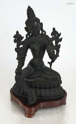 Asian Bronze Deity Figure on Wood Base