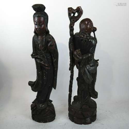 Two Chinese Palatial Wood Sculptures: Man, Woman