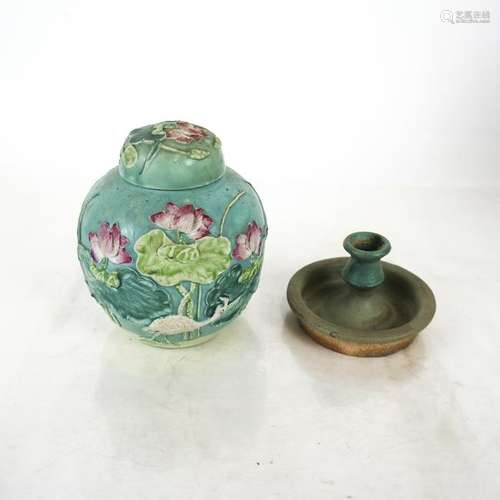 Chinese Covered Ginger Jar & Ceramic Candleholder