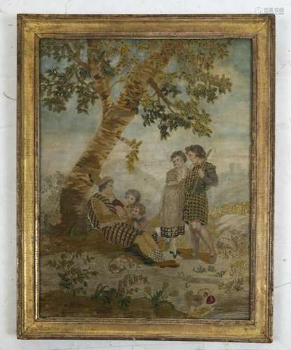 19th C. Regency Needlepoint: Children at a Tree