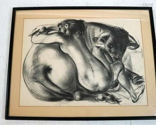 Lithograph: Nude Woman & Calf