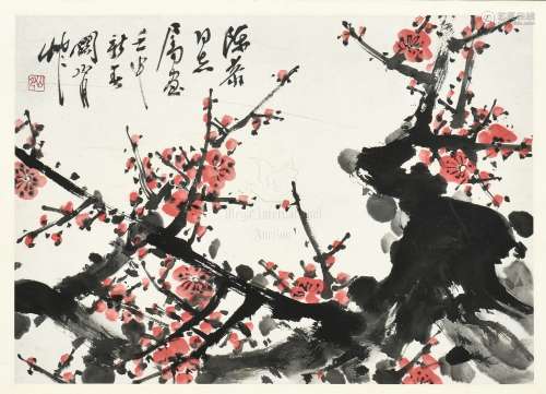 GUAN SHANYUE: INK AND COLOR ON PAPER PAINTING 'FLOWERS'