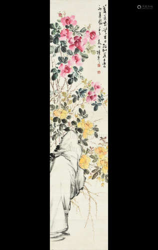 CHEN BANDING: FRAMED INK AND COLOR ON PAPER PAINTING 'FLOWERS'