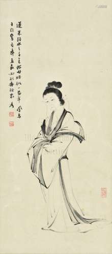 ZHANG DAQIAN: FRAMED INK ON PAPER PAINTING 'LADY'