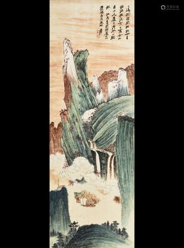 ZHANG DAQIAN: FRAMED INK AND COLOR ON PAPER PAINTING 'MOUNTAIN SCENERY'