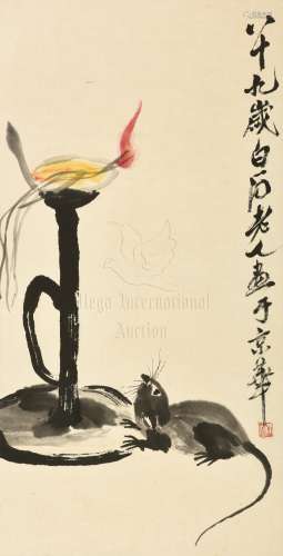 QI BAISHI: FRAMED INK AND COLOR ON PAPER PAINTING 'MOUSE AND OIL LAMP'