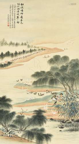 WU HUFAN: FRAMED INK ON PAPER PAINTING 'RIVERSIDE SCENERY'