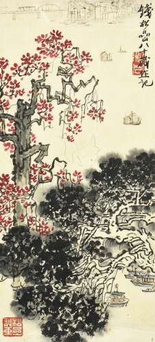QIAN SONGYAN: FRAMED INK AND COLOR ON PAPER PAINTING 'LANDSCAPE SCENERY'