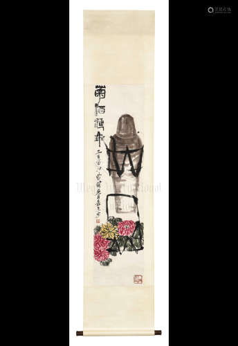 QI BAISHI: INK AND COLOR ON PAPER PAINTING 'FLOWERS AND WINE'
