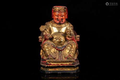 PARCEL GILT WOOD 'GOD OF WEALTH' SEATED FIGURE