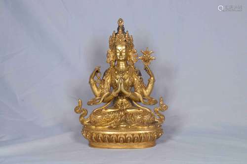 GILT BRONZE CAST FOUR-ARMS AVALOKITESHVARA SEATED FIGURE