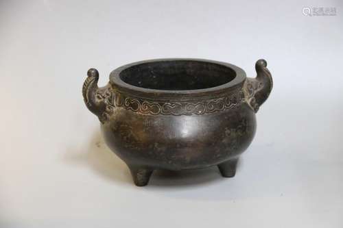 BRONZE CAST TRIPOD CENSER WITH ELEPHANT MASK HANDLES