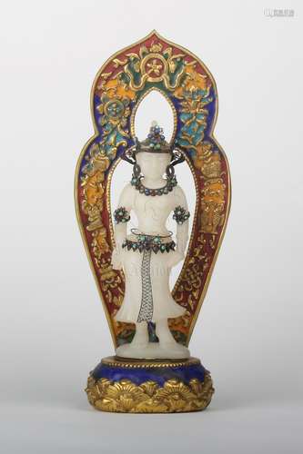 A WHITE JADE BUDDHA WITH GILT-BRONZE MANDORLA