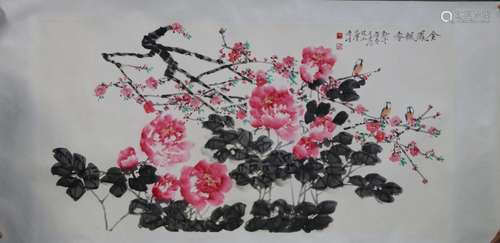 ZHOU YANSHENG: INK AND COLOR ON PAPER PAINTING 'FLOWERS AND BIRDS'