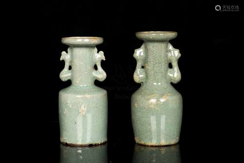 PAIR OF CELADON GLAZED VASES WITH HANDLES