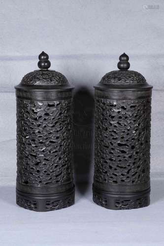 PAIR OF ZITAN WOOD OPEN WORK CARVED INCENSE HOLDERS WITH LIDS