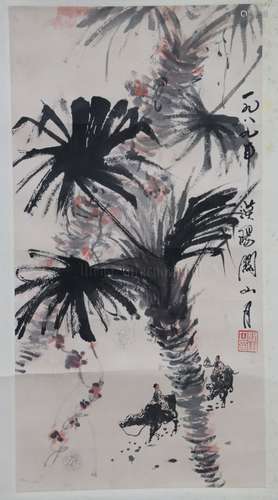 GUAN SHANYUE: INK AND COLOR ON PAPER PAINTING 'FLOWERS AND PEOPLE'