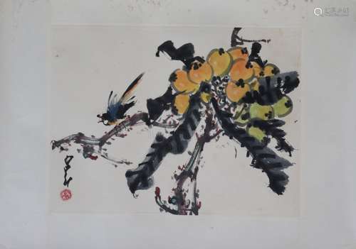 ZHAO SHAOANG: INK AND COLOR ON PAPER PAINTING 'BIRDS AND FRUITS'