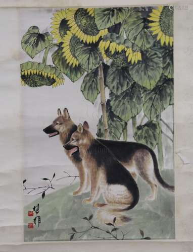 FANG CHUXIONG: INK AND COLOR ON PAPER PAINTING 'DOGS'