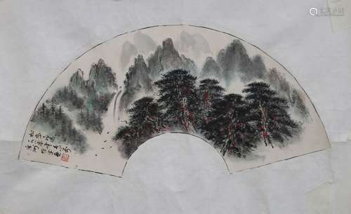 LI XIONGCAI: INK AND COLOR ON FAN LEAF PAINTING 'LANDSCAPE SCENERY'