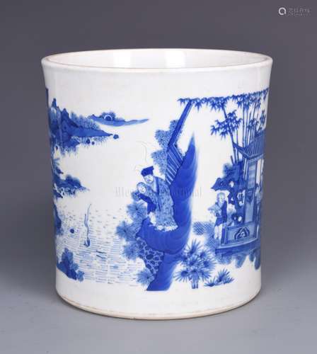 BLUE AND WHITE 'LANDSCAPE SCENERY' BRUSH POT