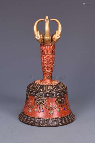 CORAL GROUND AND GILT TIBETAN RITUAL VESSEL