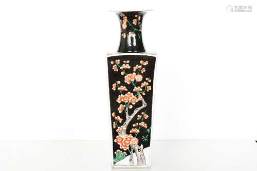 BLACK GROUND RECTANGULAR 'PLUM FLOWERS' VASE