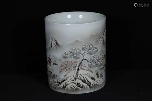 GRISSAILE PAINTED 'LANDSCAPE SCENERY' BRUSH POT