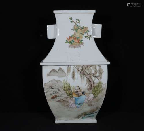FAMILLE ROSE 'PEOPLE AND CALLIGRAPHY' VASE WITH LUG HANDLES