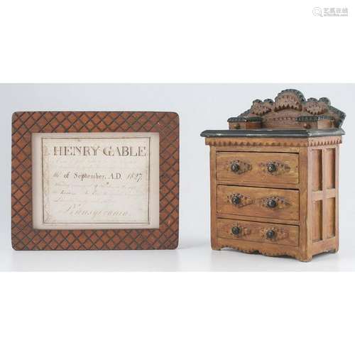 Miniature Tramp Art Chest of Drawers and Frame