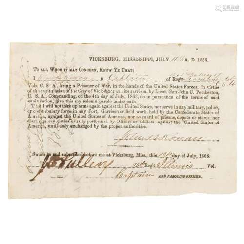 Vicksburg Parole Issued to Captain John B. Rowan, 3rd