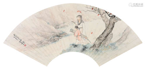 陈煦（1902～1967） 携琴访友 扇片 设色纸本
