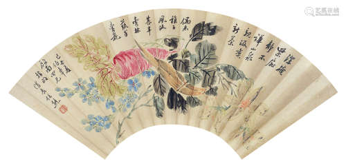 任熊（1823～1857） 花卉 扇片 设色纸本